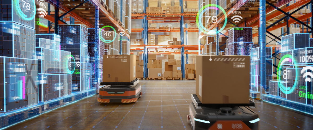 A warehouse with boxes moving on mini robotic transporters. There is a digitally imposed overlay of digital readings and data.