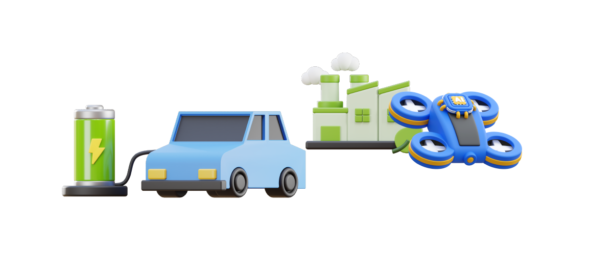 Visual of a car being charged, a drone and a warehouse